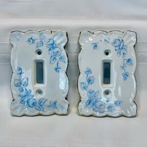 VTG Porcelain Light Switch Covers TWO Hand-painted Blue Roses Floral Gold Trim